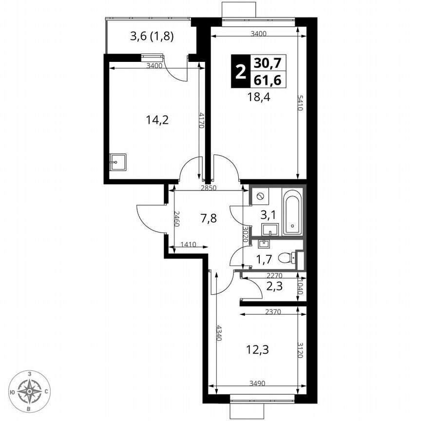 2-к. квартира, 61,6 м², 2/24 эт.