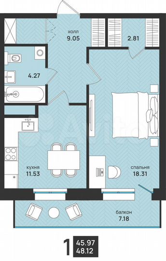1-к. квартира, 48,1 м², 4/13 эт.