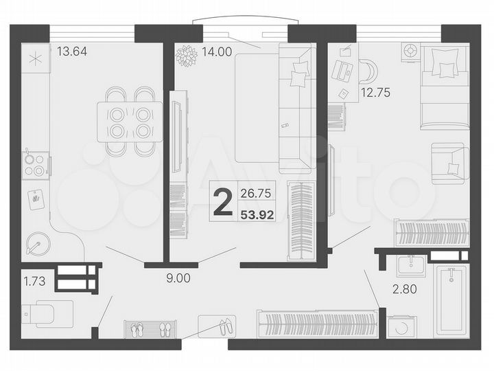 2-к. апартаменты, 56,5 м², 7/20 эт.