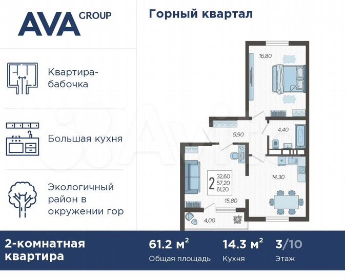 2-к. квартира, 61,2 м², 3/10 эт.