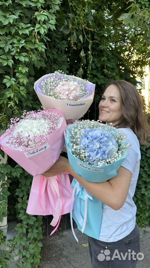 Букет на 1 сентября гортензия с гипсофилой