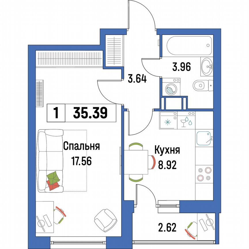 1-к. квартира, 35,4 м², 8/16 эт.