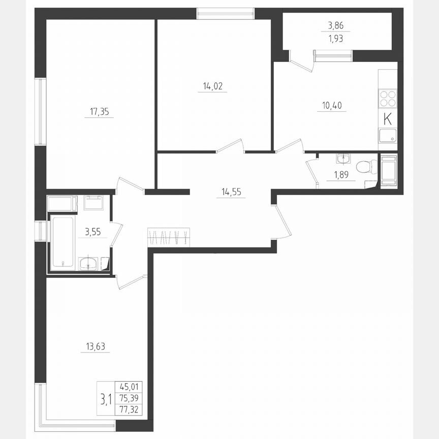 3-к. квартира, 77,3 м², 7/8 эт.