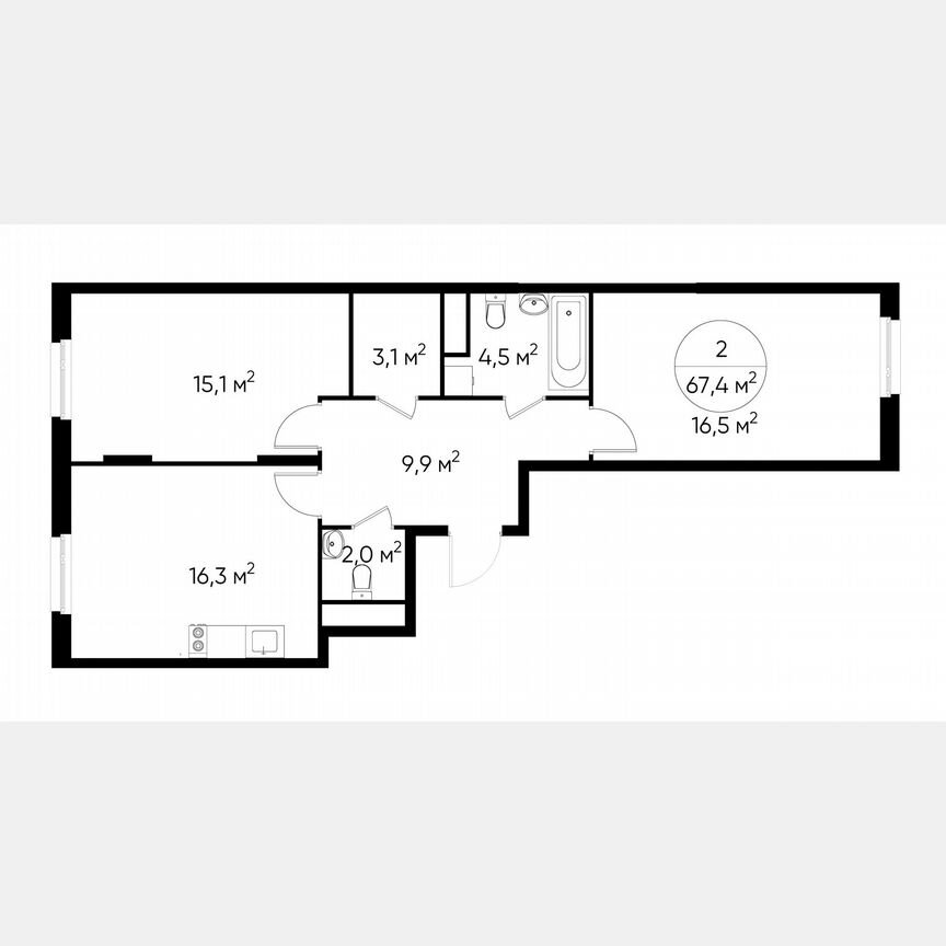 2-к. квартира, 67,4 м², 15/17 эт.