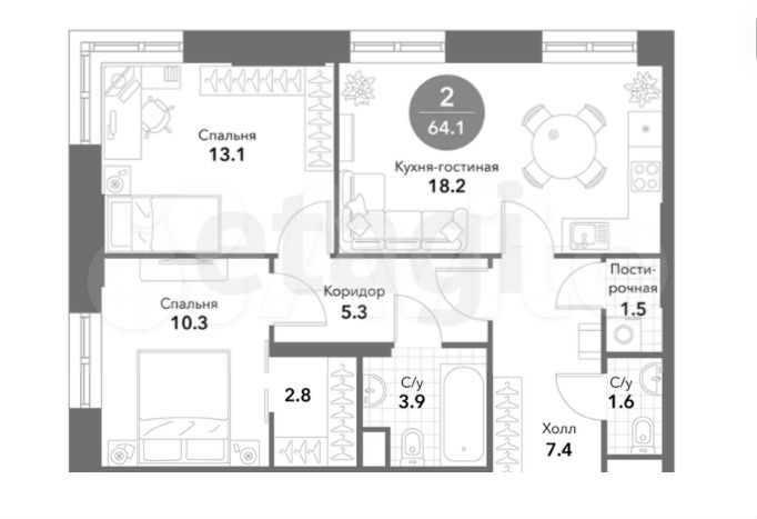 2-к. апартаменты, 64 м², 6/19 эт.