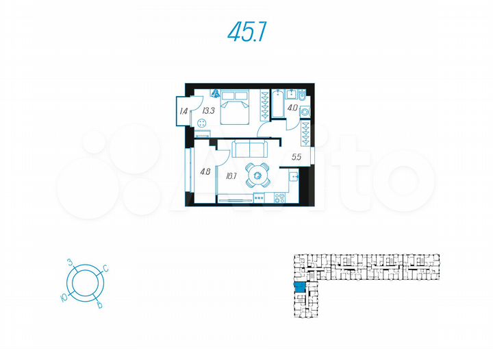 1-к. квартира, 45,7 м², 4/24 эт.