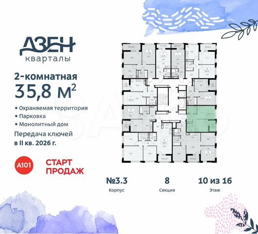 2-к. квартира, 35,8 м², 10/16 эт.