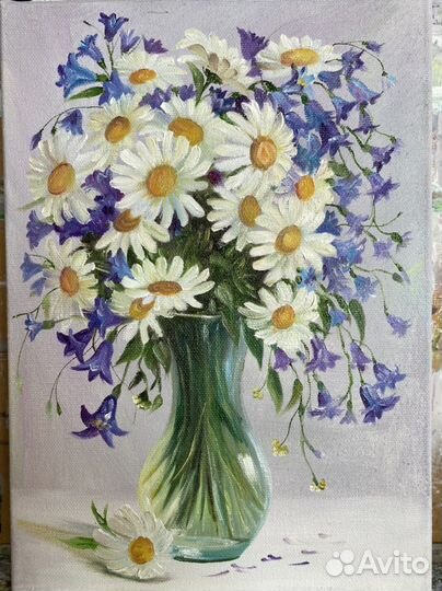 Картина маслом. Ромашки и колокольчики