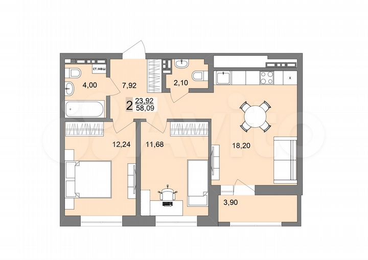 2-к. квартира, 58,1 м², 22/26 эт.