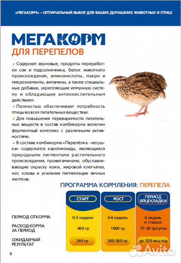 Мегакорм комбикорм для продуктивных перепелов