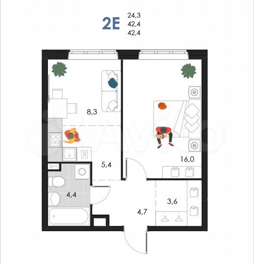 2-к. квартира, 42,4 м², 1/6 эт.