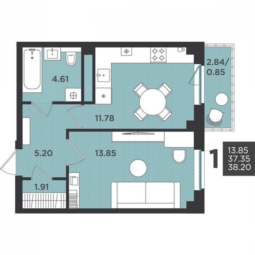 1-к. квартира, 38,2 м², 4/4 эт.