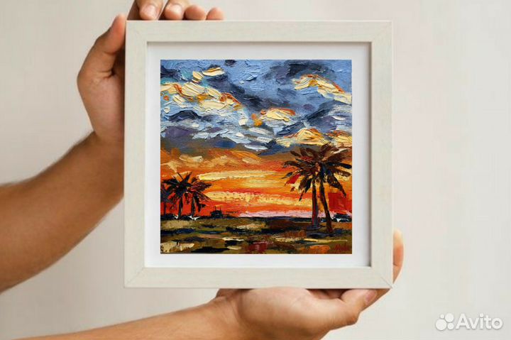 Картина Закат морской пейзаж маслом 20х20 см холст