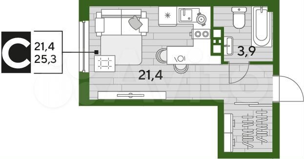 Квартира-студия, 25,3 м², 6/19 эт.