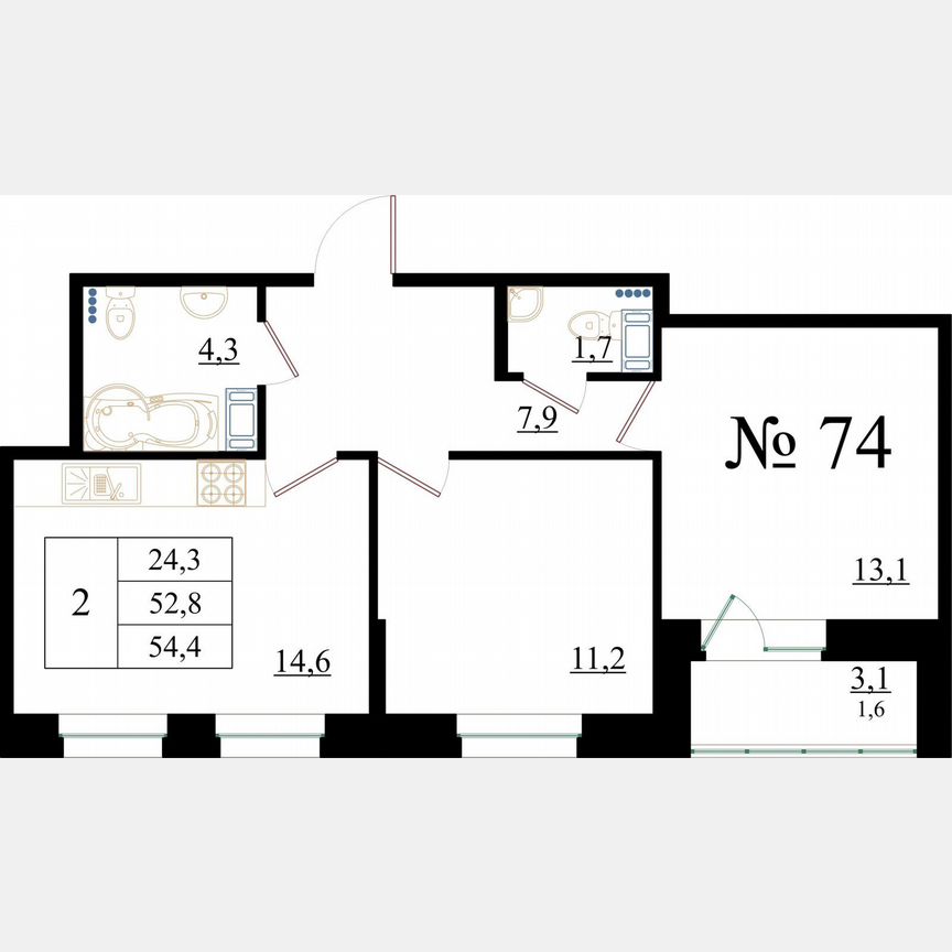 2-к. квартира, 54,4 м², 8/8 эт.