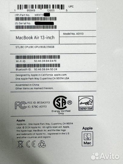 MacBook Air 13 (M3, 2024) 8Gb, 256Gb Starlight