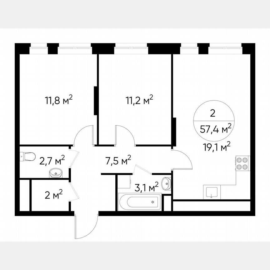 2-к. квартира, 57,4 м², 19/19 эт.