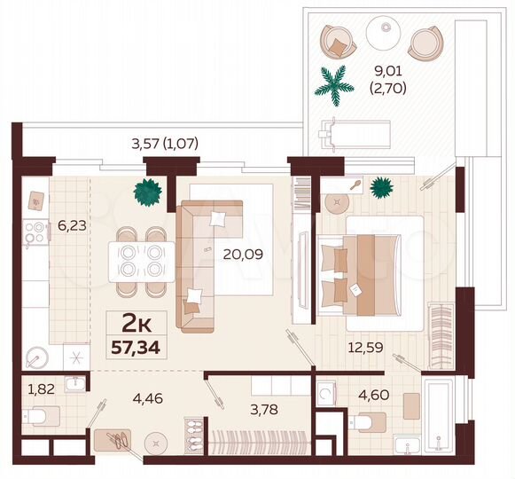 2-к. квартира, 57,3 м², 4/9 эт.