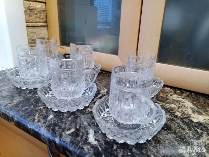 Хрустальные кружки СССР с блюдцами