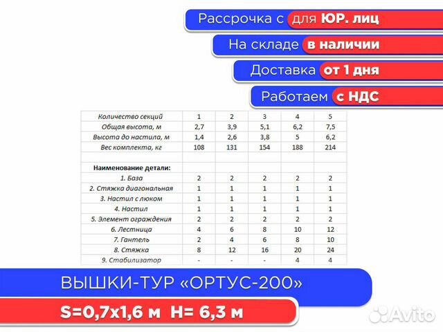 Вышки-тур Ортус-200, S0,7х1,6 м, h6,3 м (ндс)