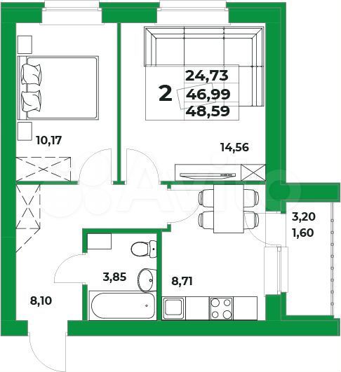 2-к. квартира, 47 м², 2/8 эт.