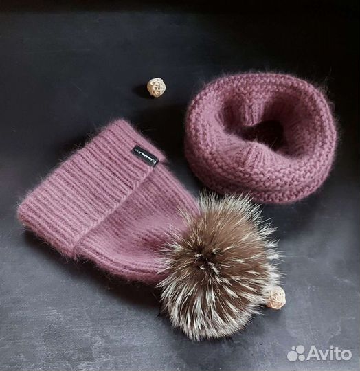 Шапка, снуд, ручная работа. Пух норки