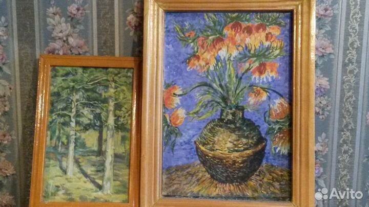 2 авторские картины- сосны ицветы в рамке