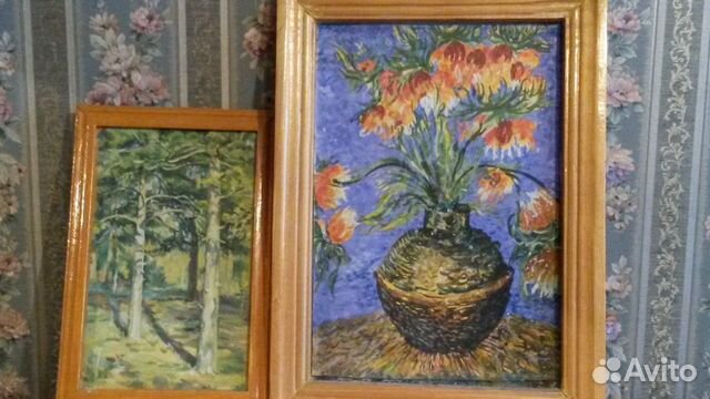 2 авторские картины- сосны ицветы в рамке