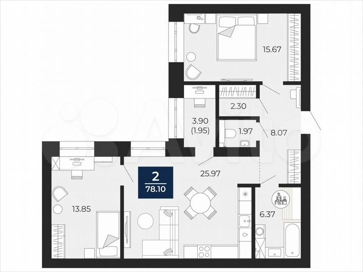 2-к. квартира, 78,1 м², 6/12 эт.