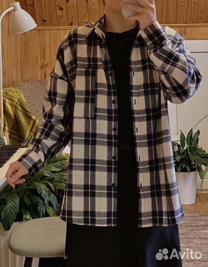 Рубашка в клетку оверсайз осенняя женская теплая