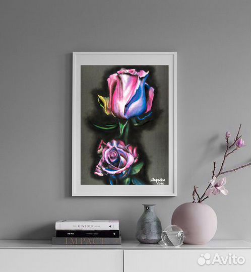 Картина пастелью Две розы на темном - гиперреализм