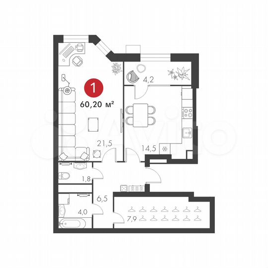 1-к. квартира, 60,2 м², 2/23 эт.