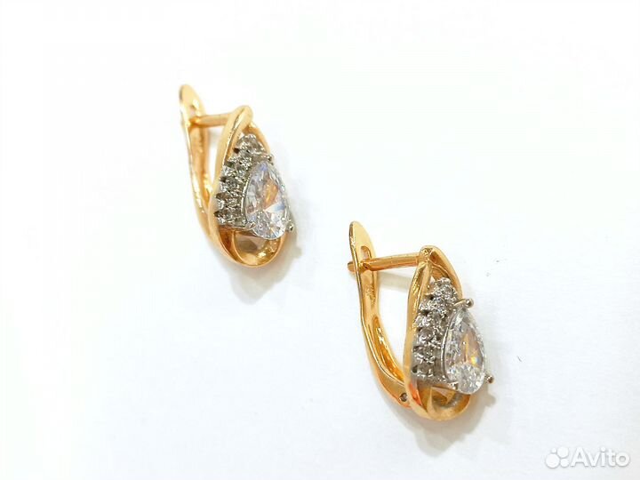 Серьги капельки, фианиты, покрытие золото