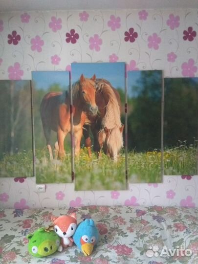 Картина модульная большая Лошадки на лугу