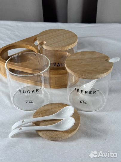 Стеклянные, деревяные баночки - сахар, соль, перец