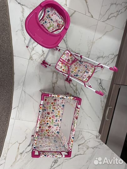 Коляска для кукол, манеж,стульчик для кормления