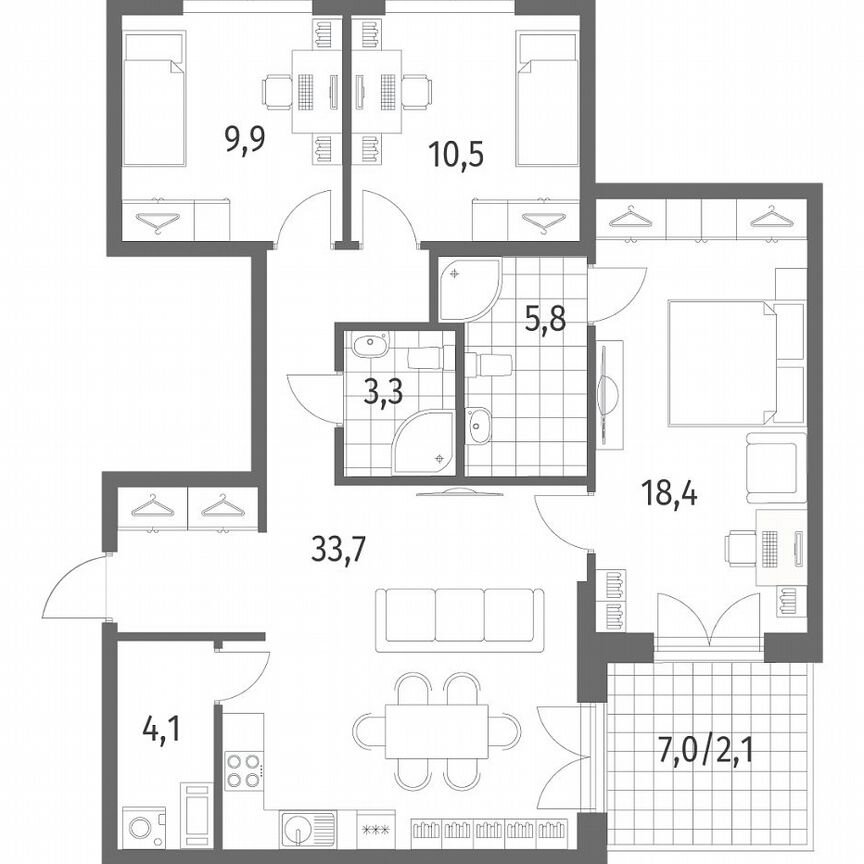 3-к. квартира, 87,8 м², 1/9 эт.