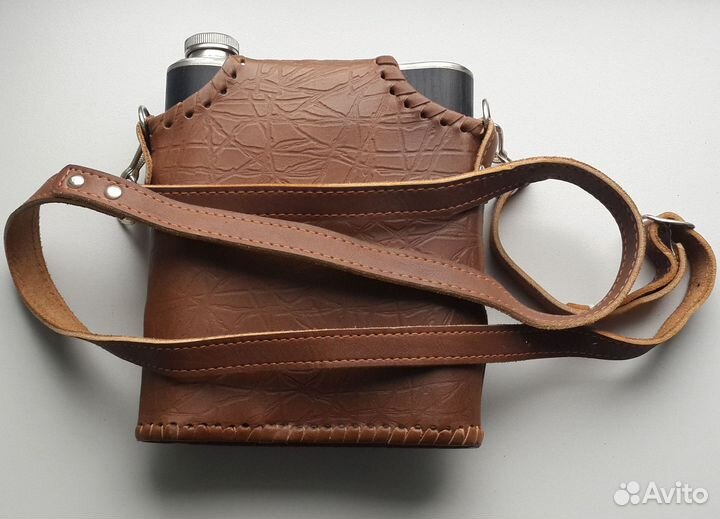 Фляжка из нержавейки, 1.0 литр, в кожаном чехле