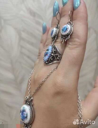 Комплект финифть серьги, кулон, кольцо СССР