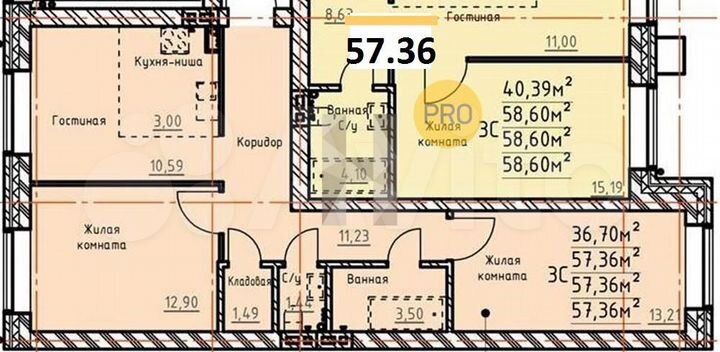 2-к. квартира, 57,4 м², 4/4 эт.