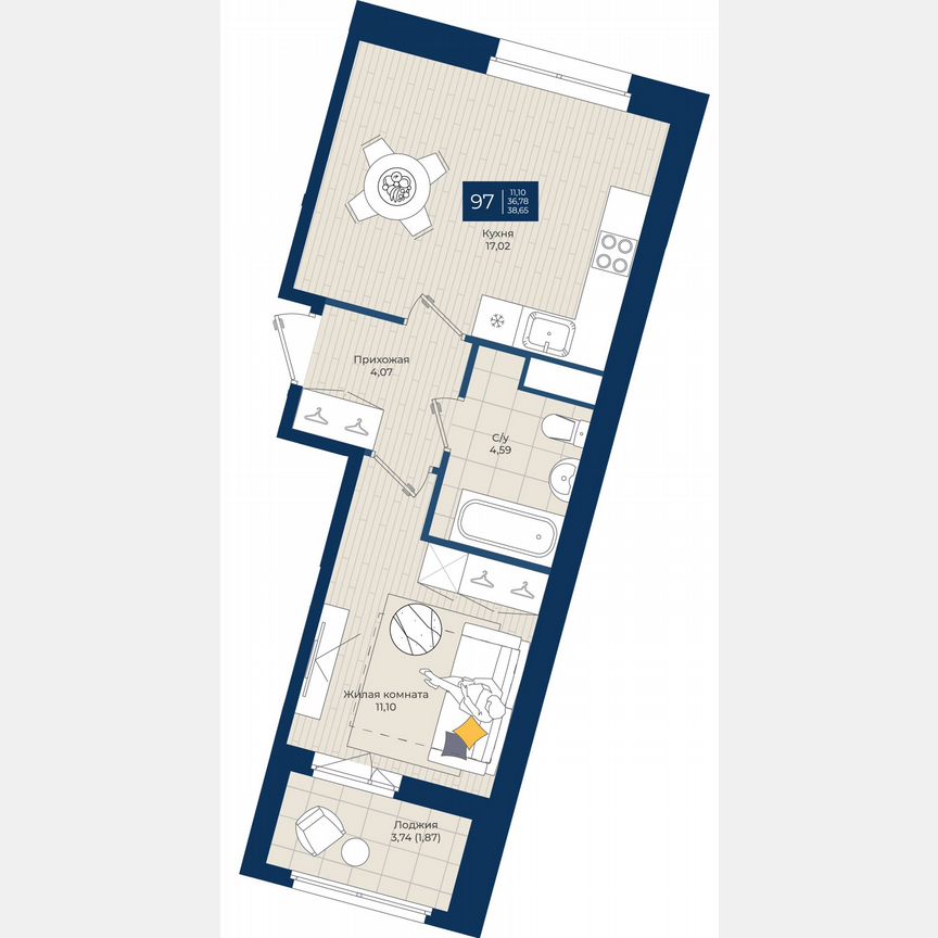 1-к. квартира, 38,7 м², 9/12 эт.