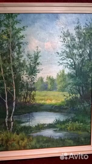 Картина. Пейзаж в белой раме. Масло