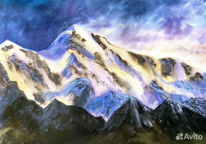 Акварель «Горы на закате»