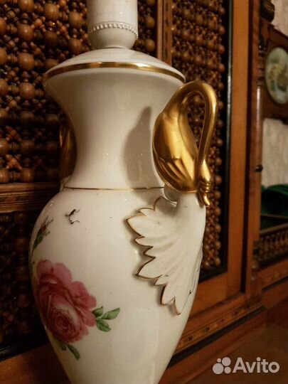Старинная лампа ваза С Лебедями позолота роспись
