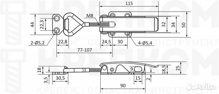 Замок-защелка регулируемый L90 мм B215C-2 А2