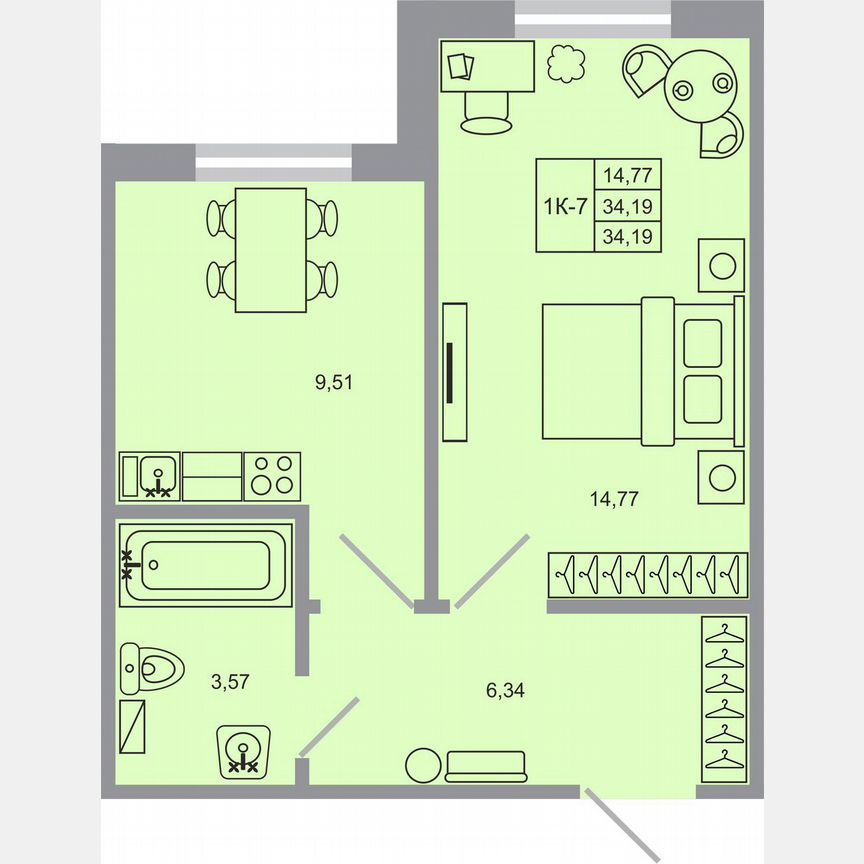 1-к. квартира, 34,2 м², 1/17 эт.