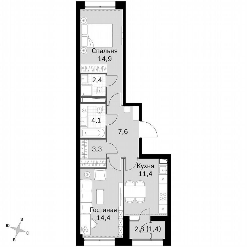 2-к. квартира, 59,7 м², 2/46 эт.