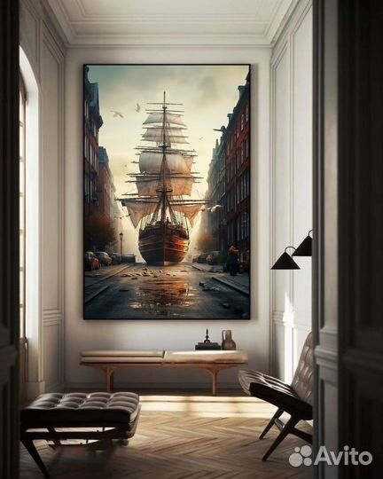 Картина маслом Городская живопись с кораблём