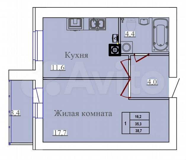 1-к. квартира, 38,7 м², 2/14 эт.