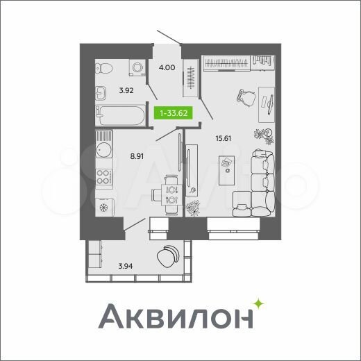 1-к. квартира, 33,6 м², 6/11 эт.